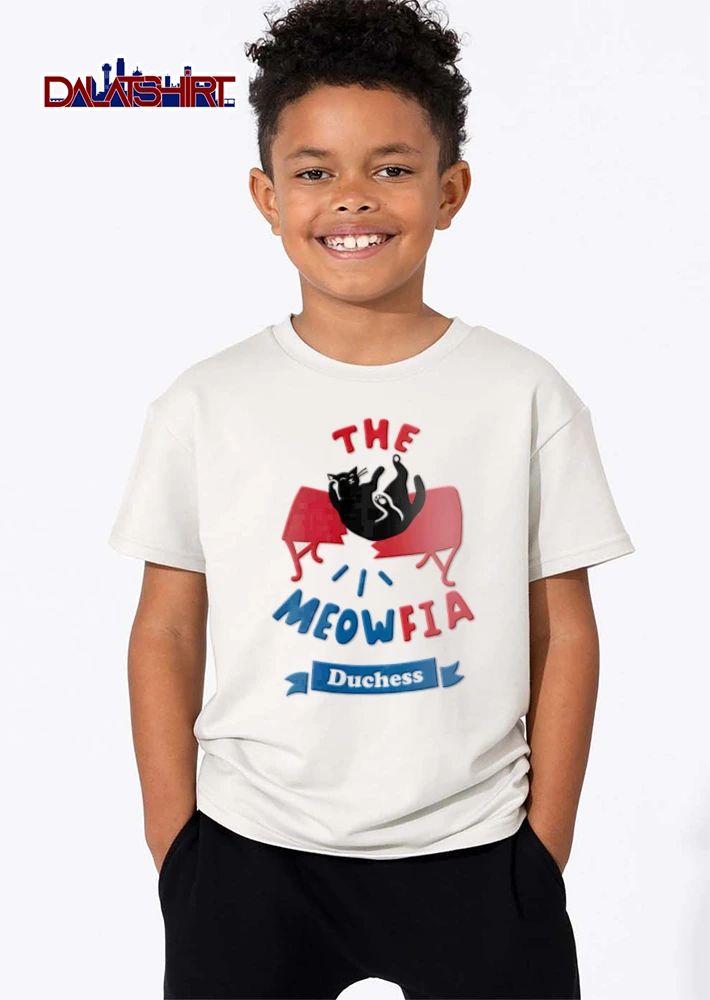 Duchess The Meowfia black cat breaking red table shirt