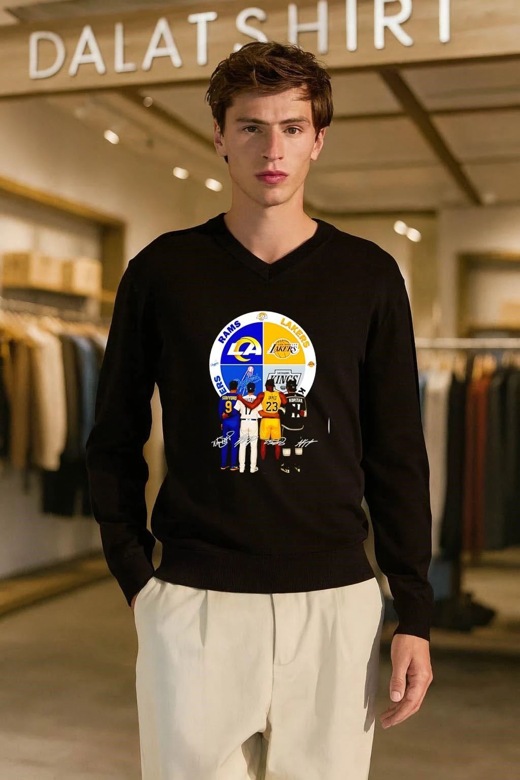 LA Rams Dodgers Lakers Kings logos and players shirt