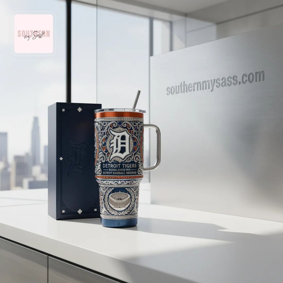 Detroit Tigers Established 1901 Luxury Ornate 40oz Tumbler with Handle