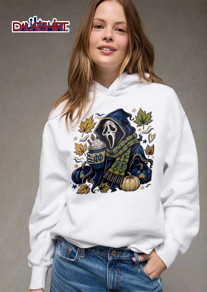 Notre Dame Ghostface holding coffee autumn leaves pumpkins shirt