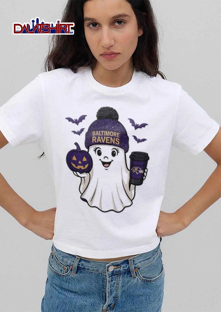 Baltimore Ravens ghost wearing beanie holding pumpkin coffee shirt
