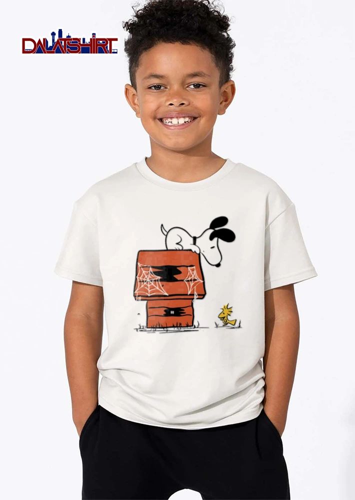 Halloween Peanuts dog on roof spiderwebs bird shirt