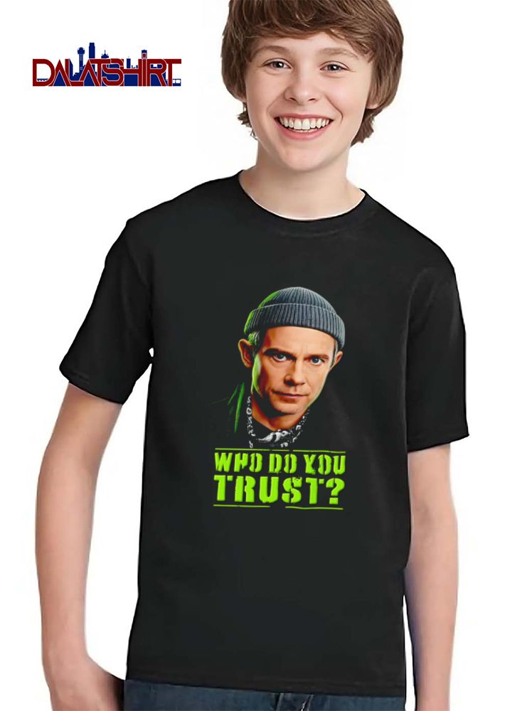 Who Do You Trust man wearing beanie scarf portrait shirt