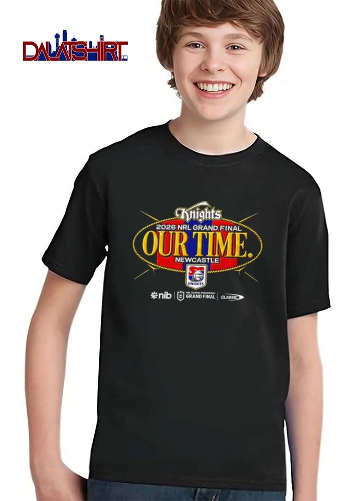 Newcastle Knights Our Time oval emblem gold text logo 2026 shirt