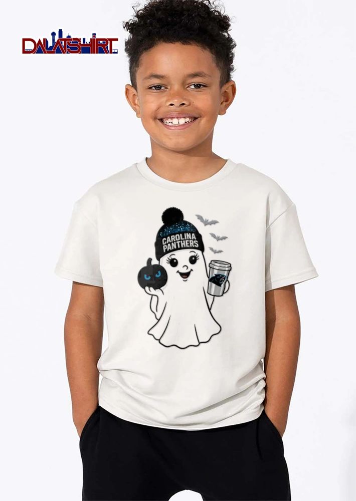 Carolina Panthers ghost wearing beanie holding pumpkin shirt