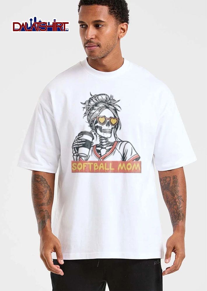 Softball MOM skeleton messy bun heart sunglasses coffee shirt