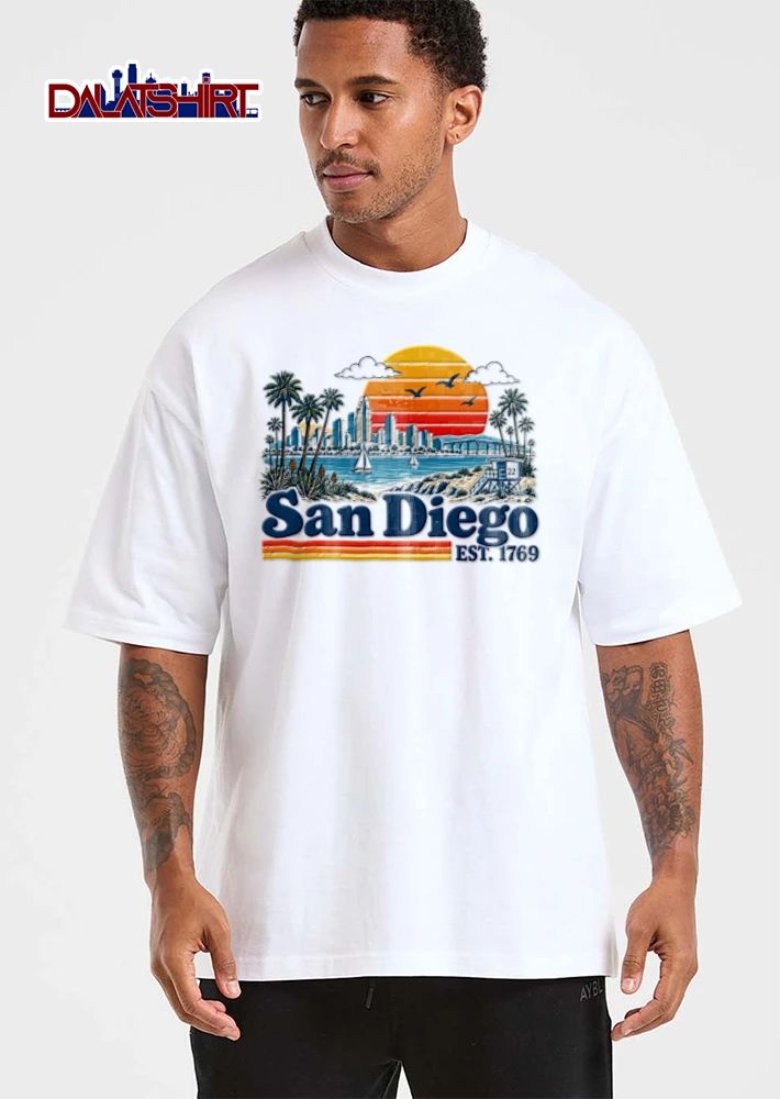 Diego Williams 22 city skyline beach sunset palm trees shirt