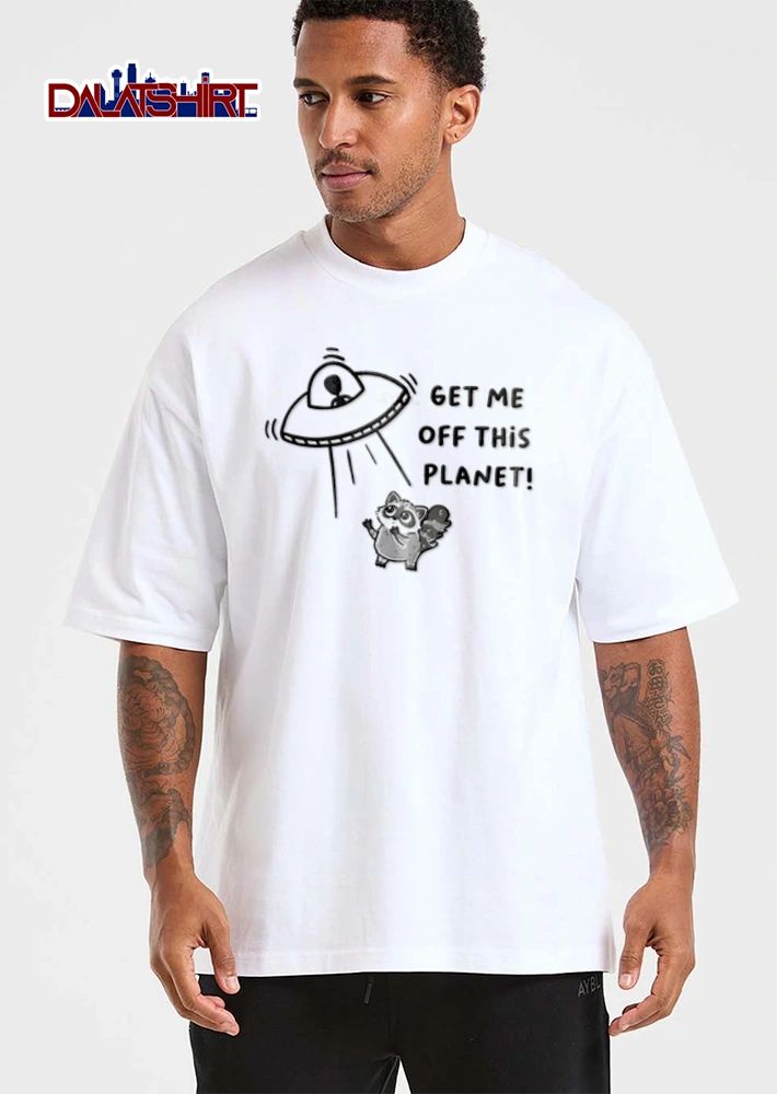 Get Me Off This Planet raccoon looking up at UFO shirt