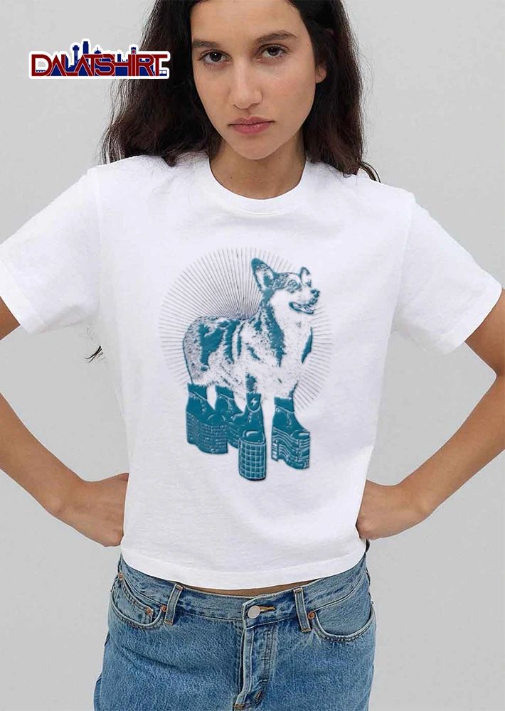 Corgi wearing platform boots sunburst shirt