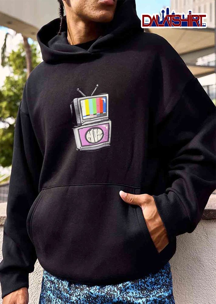TV HEAD MIZ two stacked televisions colorful bars shirt