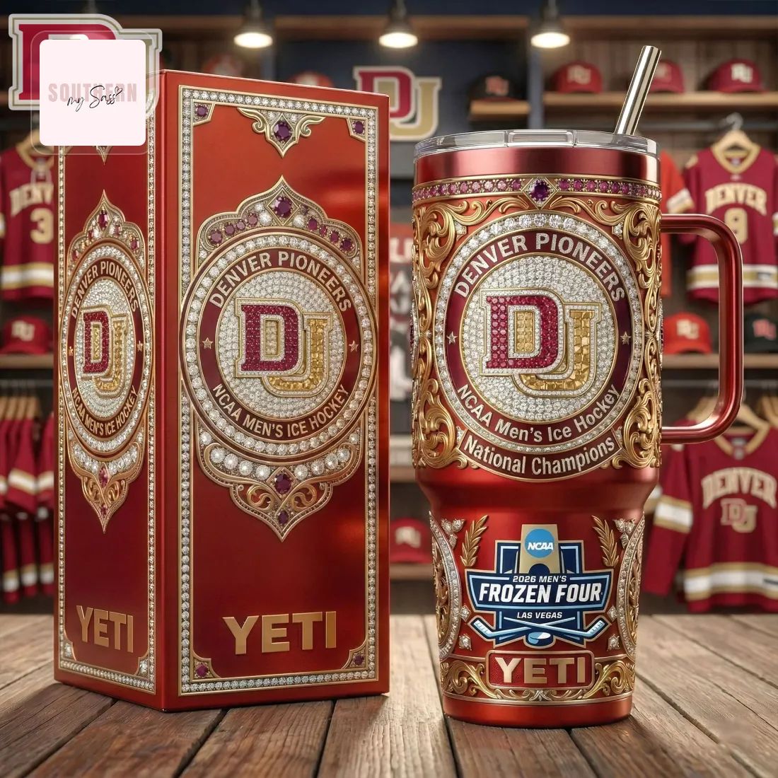 Denver Pioneers NCAA National Champions Diamond YETI Handled Tumbler