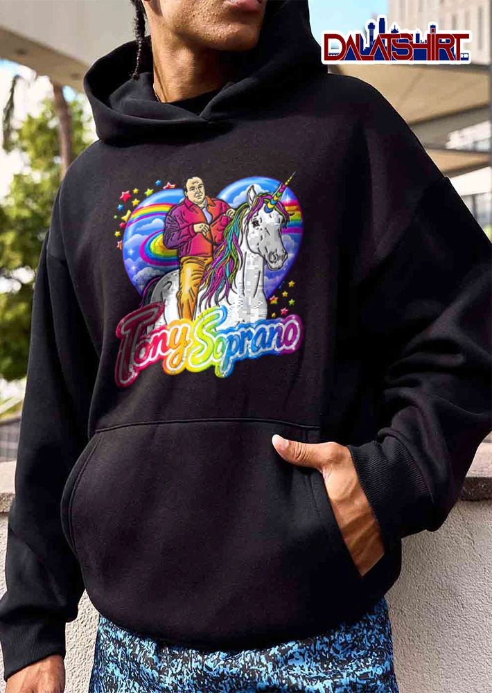 Tony Soprano man riding unicorn rainbow background shirt