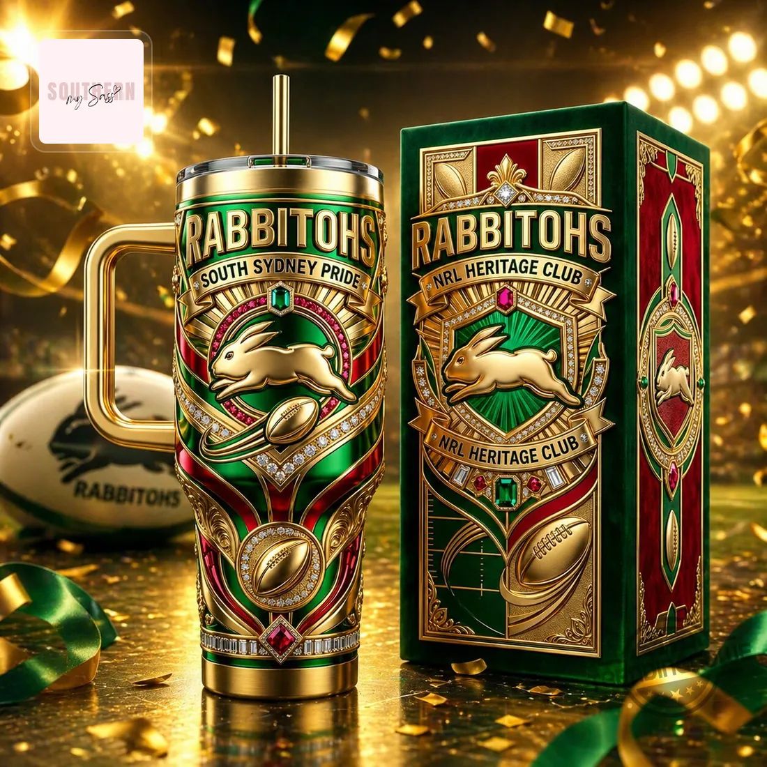 South Sydney Rabbitohs NRL Heritage Club Luxury Gold Embellished 40oz Tumbler