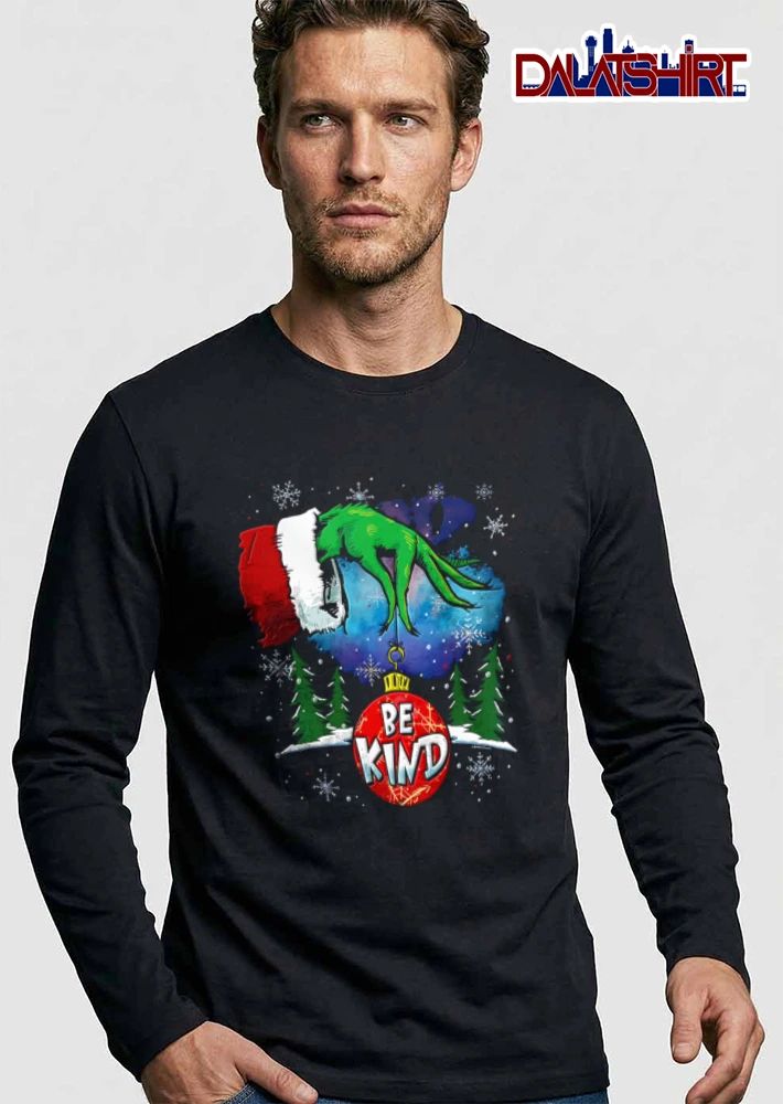 BE Kind green furry hand holding ornament shirt