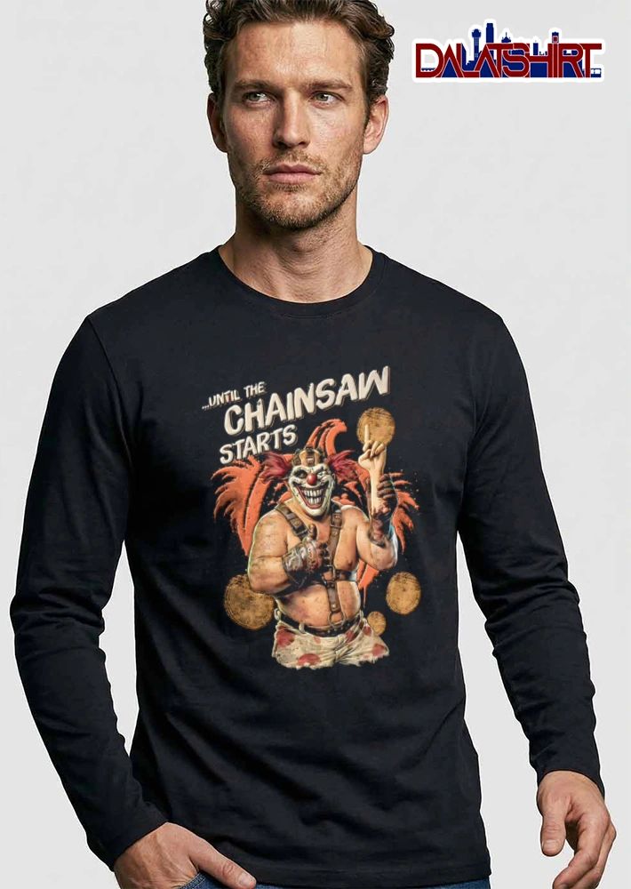 Until The Chainsaw Starts evil clown holding severed hand shirt