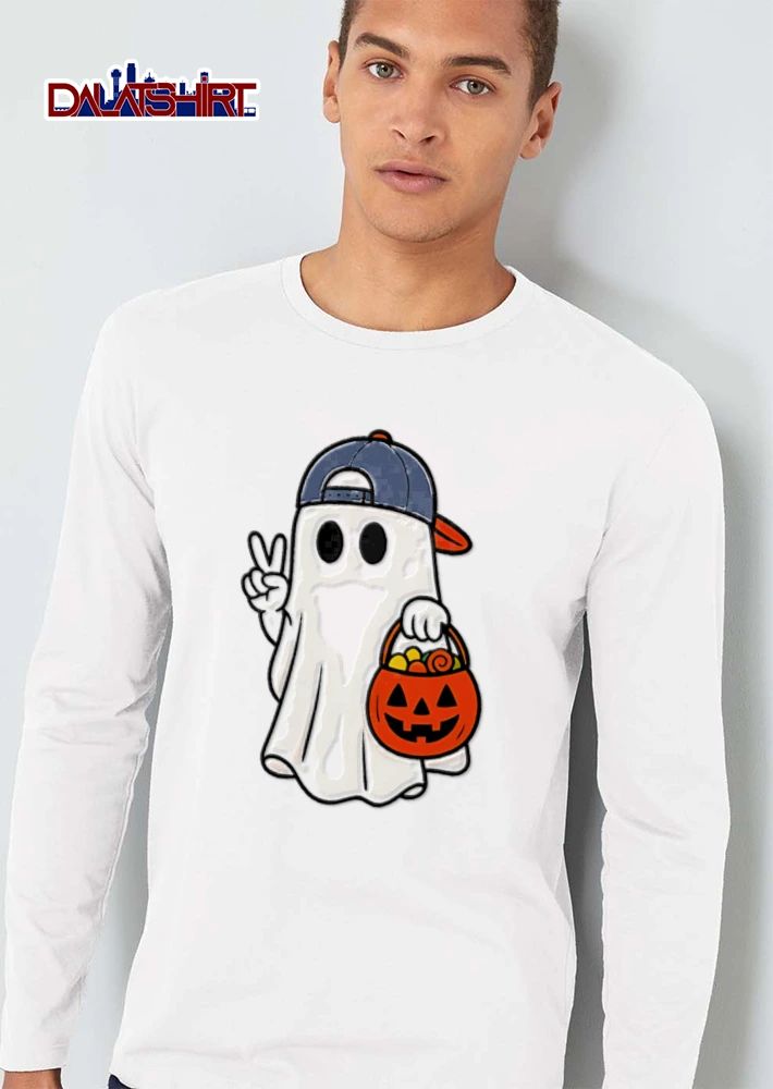 Ghost wearing cap peace sign pumpkin bucket shirt