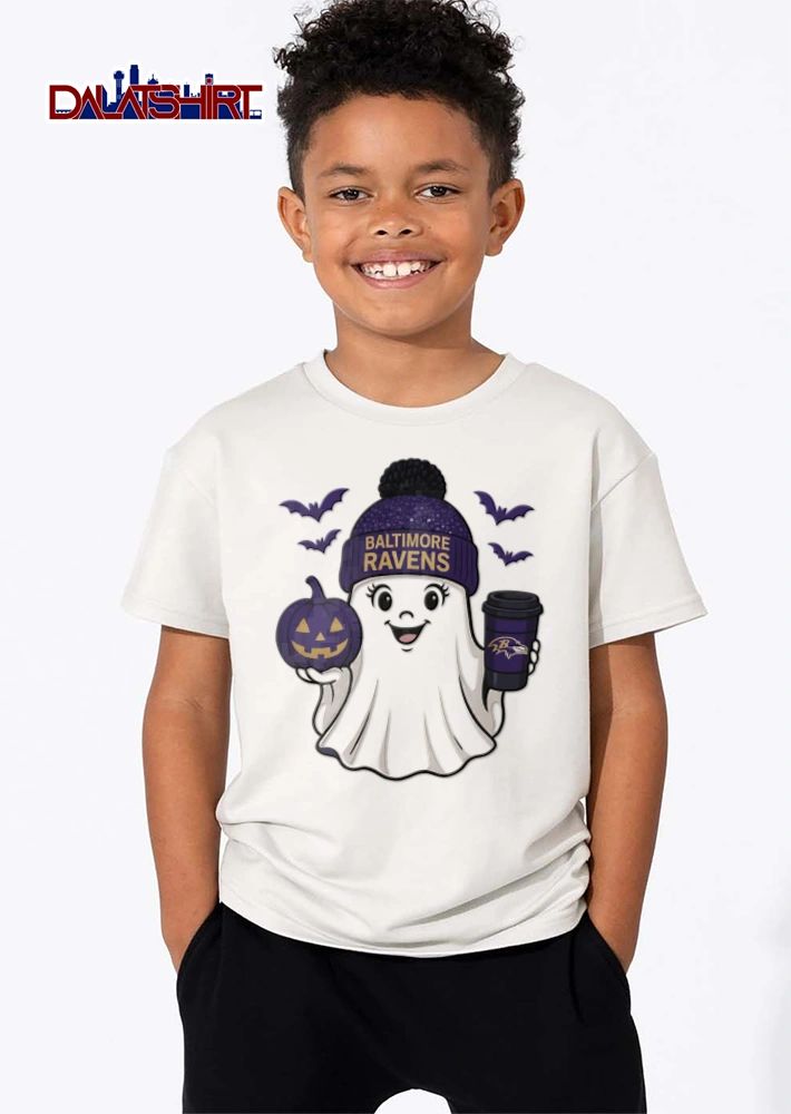 Baltimore Ravens ghost wearing beanie holding pumpkin coffee shirt