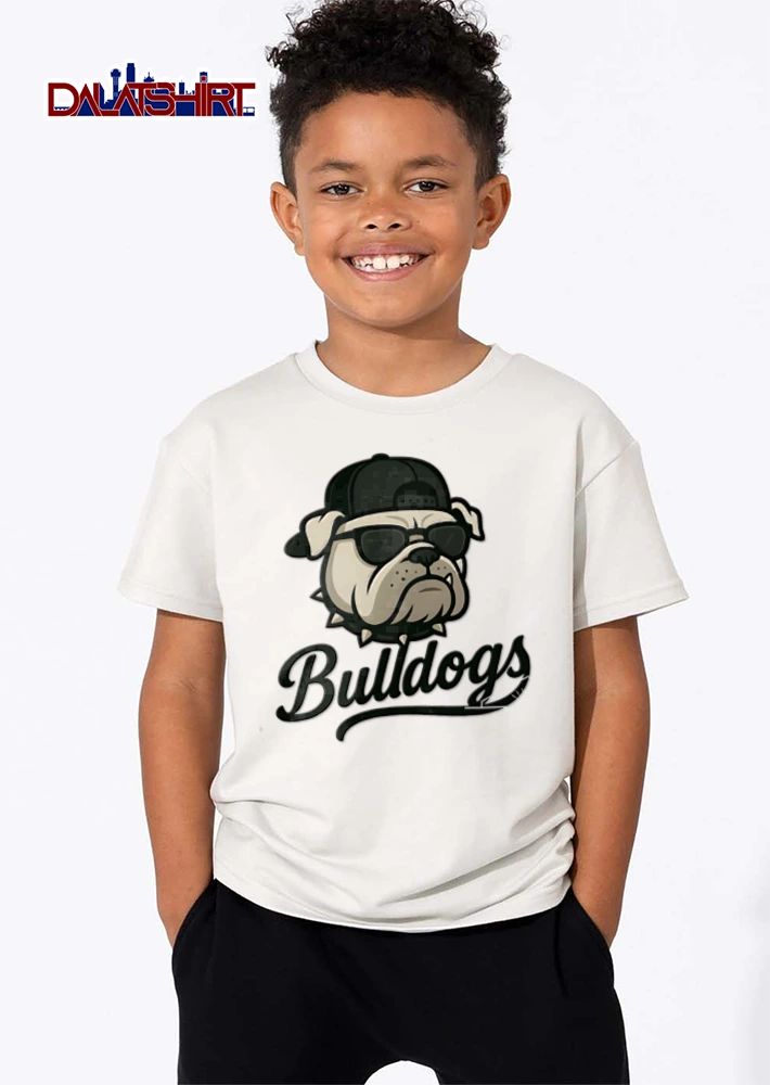 Bulldog wearing sunglasses cap spiked collar shirt