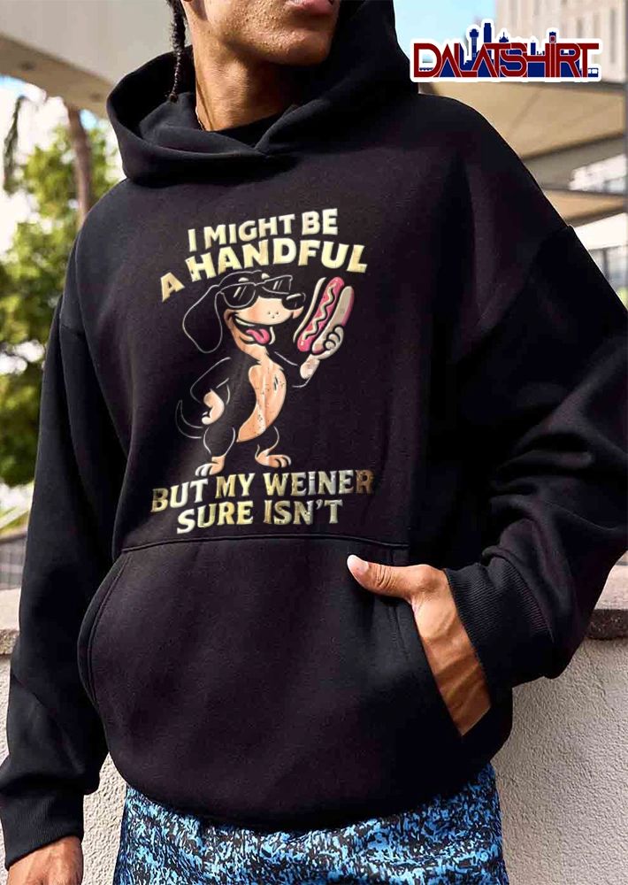 I Might Be A Handful But My Weiner Sure Isn’t dachshund wearing sunglasses holding hotdog shirt