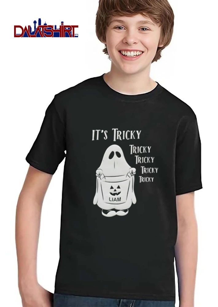 Liam Its Tricky ghost holding jack O lantern bucket shirt