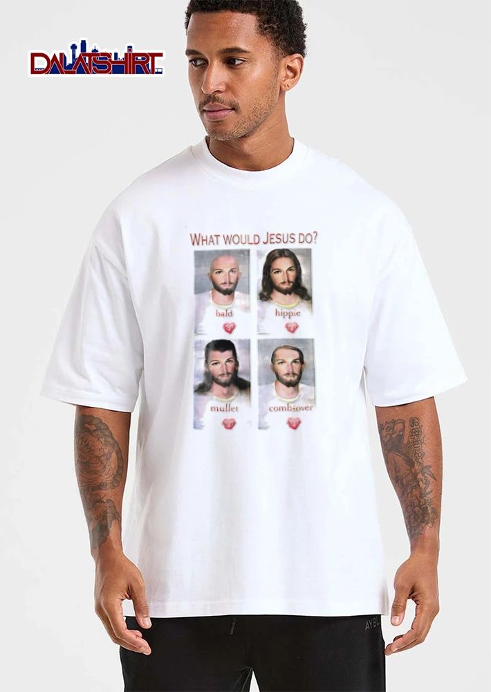 Jesus What Would Jesus Do four portraits different hairstyles Jesus shirt