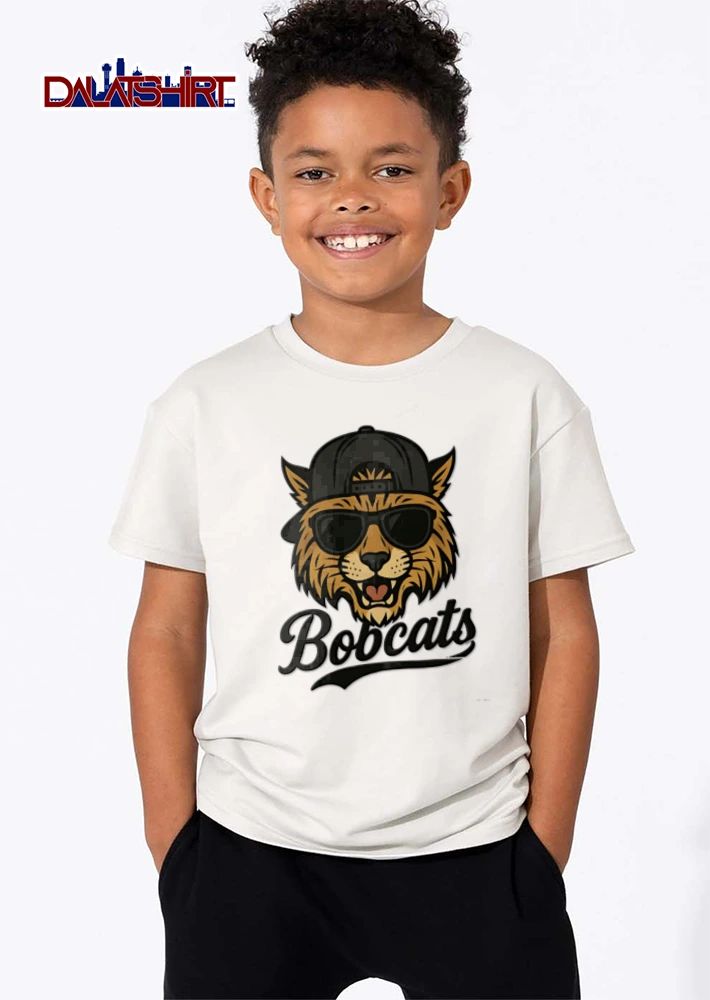 Bobcat wearing sunglasses baseball cap shirt