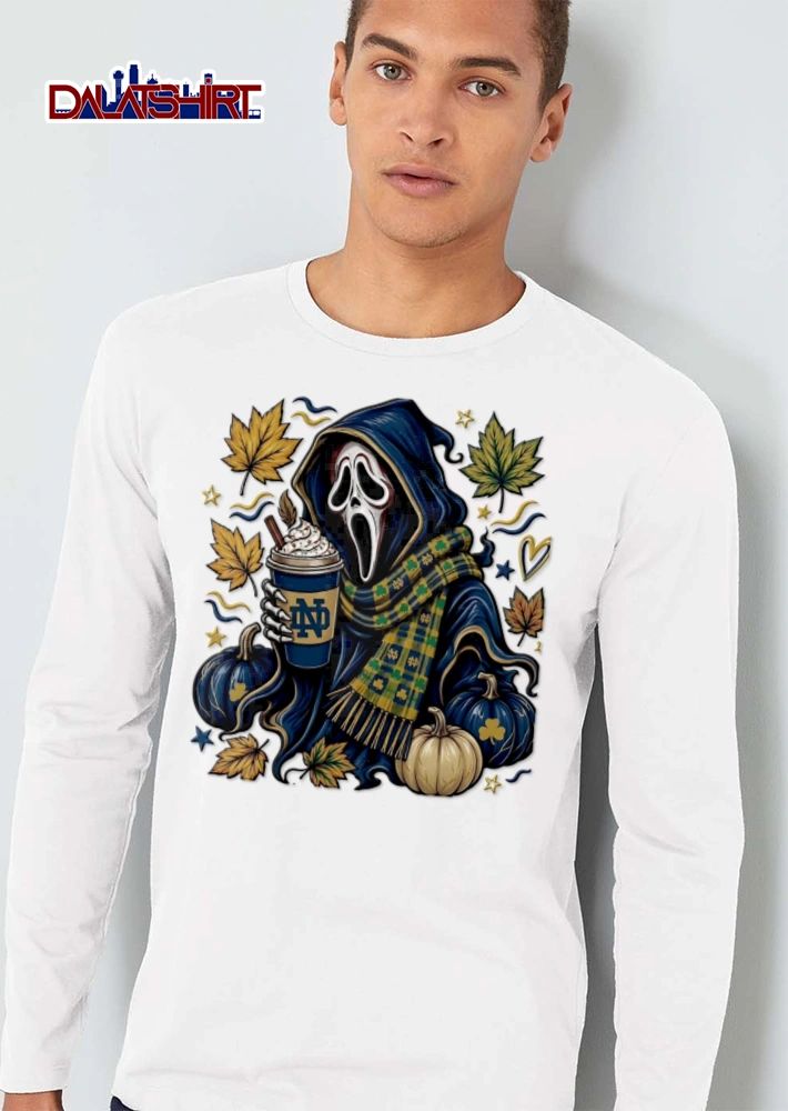 Notre Dame Ghostface holding coffee autumn leaves pumpkins shirt