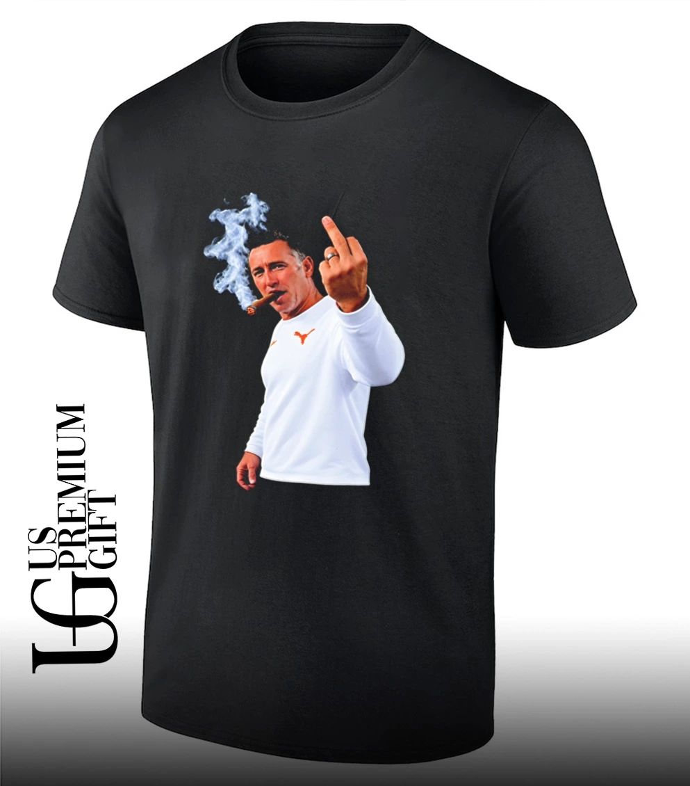 Texas Longhorns head coach Steve Sarkisian smoking a cigar and giving a middle finger shirt