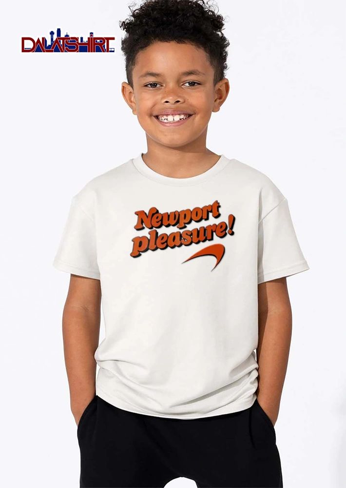 Newport Pleasure orange text swoosh logo shirt