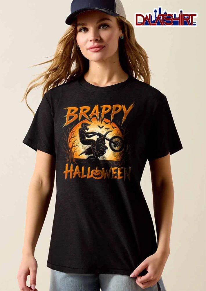 Brappy Halloween motocross rider doing wheelie moon bats shirt