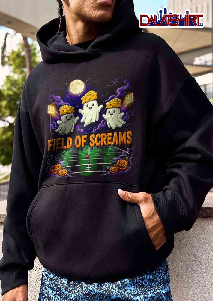 Field OF Screams three ghosts wearing cheese hats football field pumpkins moon bats shirt