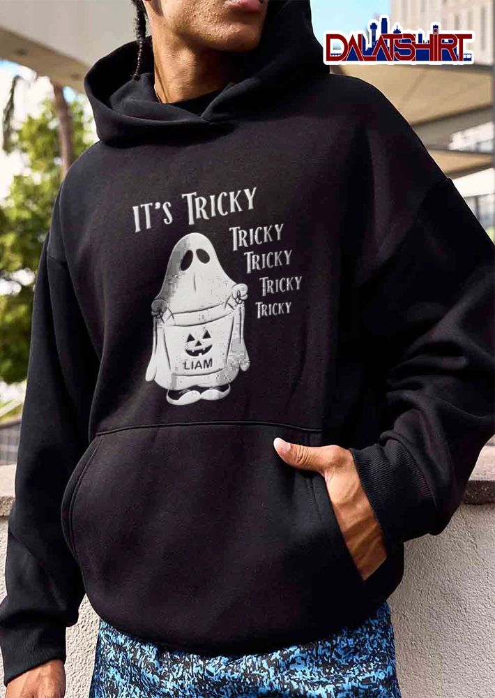 Liam Its Tricky ghost holding jack O lantern bucket shirt