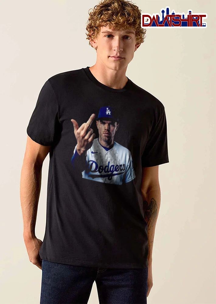 Los Angeles Dodgers Freddie Freeman man wearing Dodgers jersey middle finger shirt