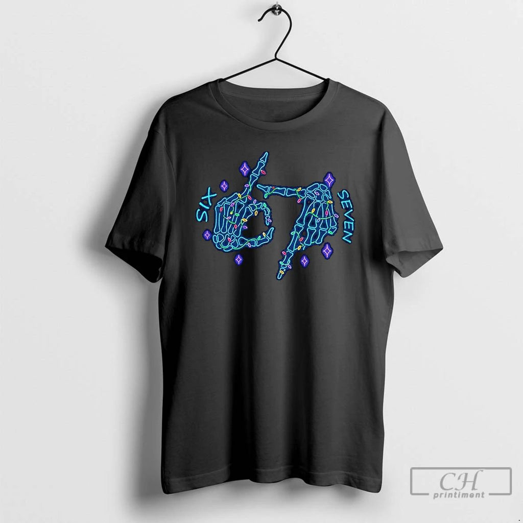 Funny Six Seven Meme Christmas Neon Skeleton Hand T Shirts