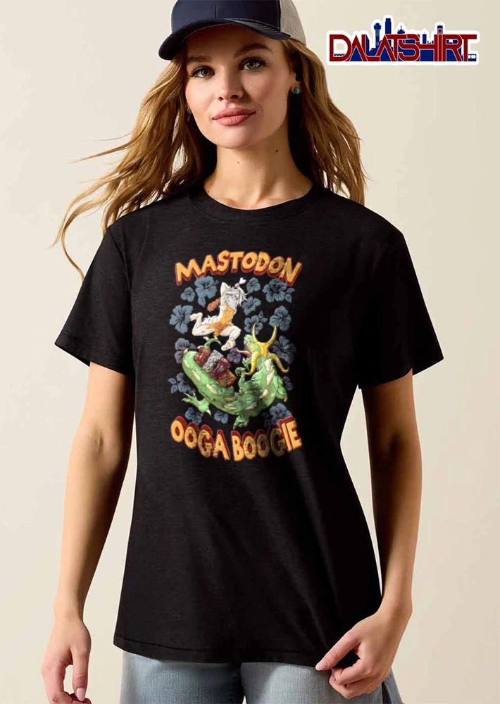 Mastodon Ooga Boogie caveman fighting green monster hibiscus shirt