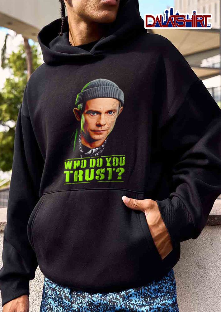 Who Do You Trust man wearing beanie scarf portrait shirt