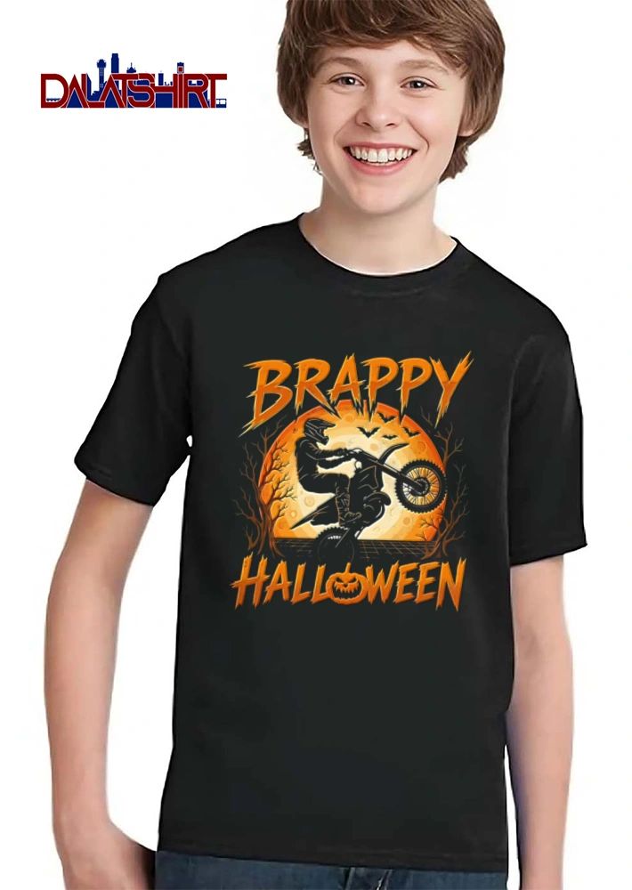 Brappy Halloween motocross rider doing wheelie moon bats shirt