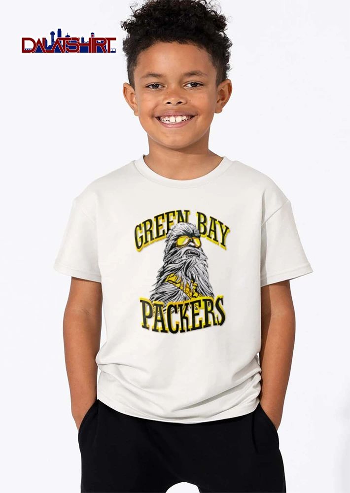 Green Bay Packers Chewbacca wearing goggles illustration style shirt