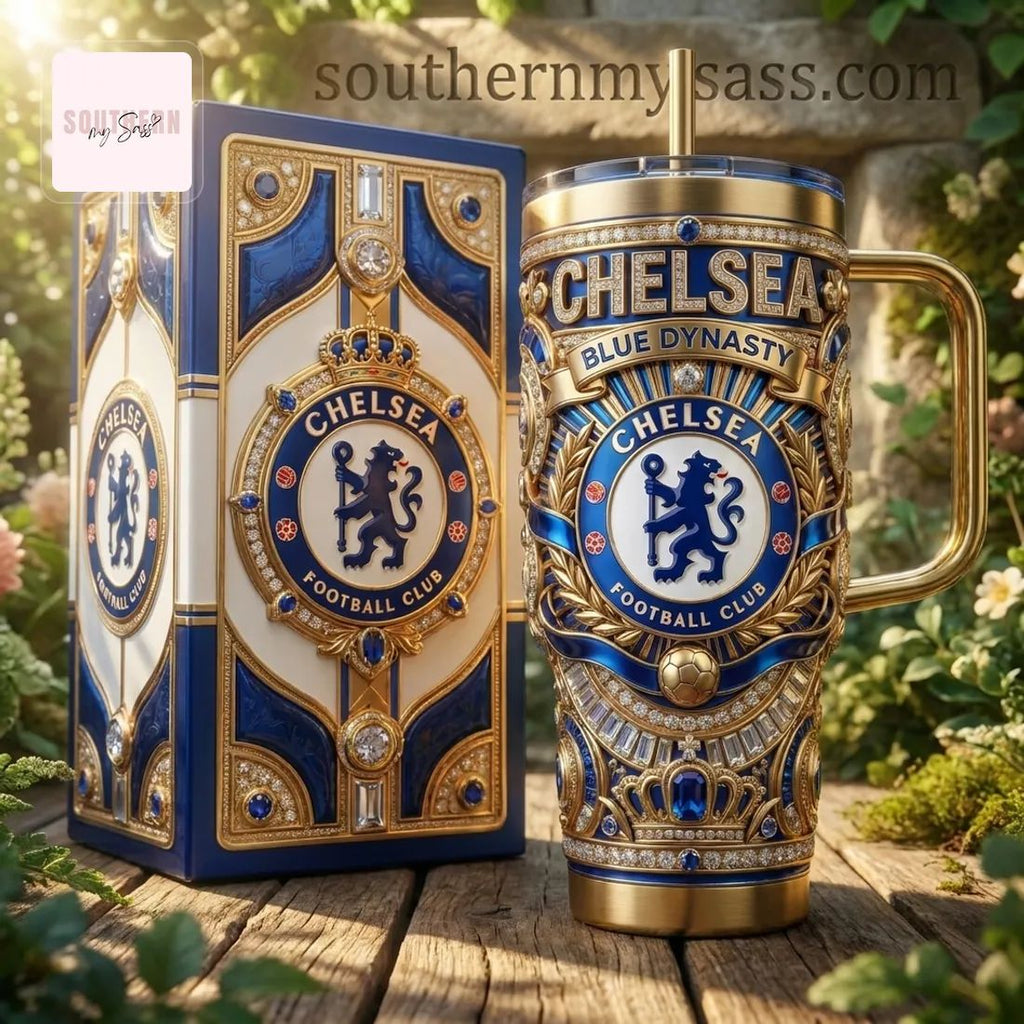Chelsea Football Club Luxury Gold Diamond 40oz Insulated Tumbler With Handle