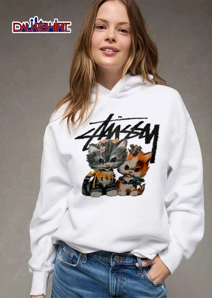 Stussy two kittens wearing flower garlands shirt