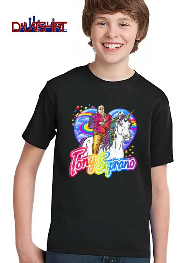 Tony Soprano man riding unicorn rainbow background shirt
