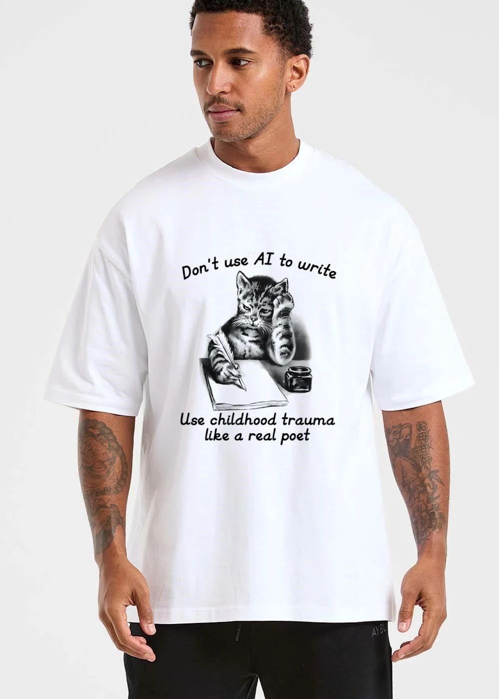 Dont Use Ai To Write Childhood Trauma Like A Real Poet Cat Writing Quill Inkwell Sketch shirt