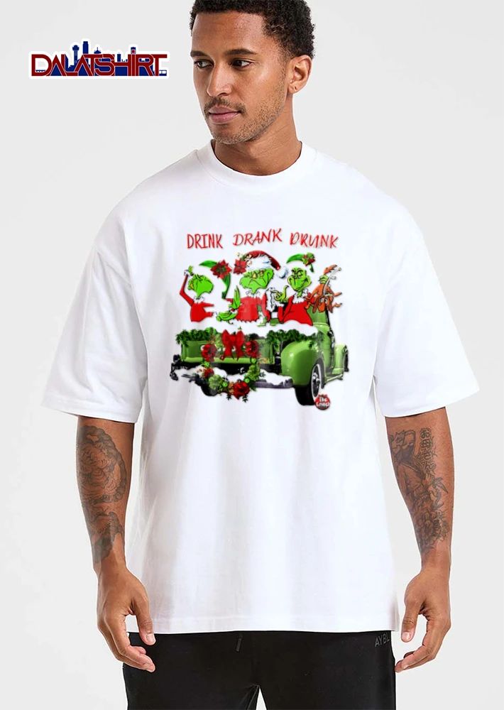 The Grinch Drink Drank Drunk three characters green truck shirt