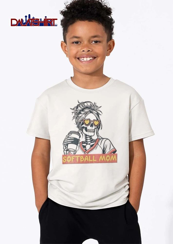 Softball MOM skeleton messy bun heart sunglasses coffee shirt