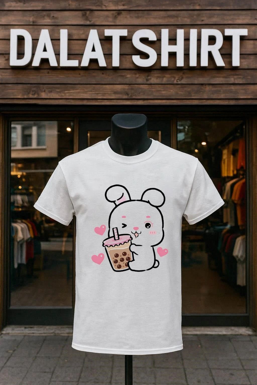 Winking Bunny Drinking Boba Tea Hearts shirt