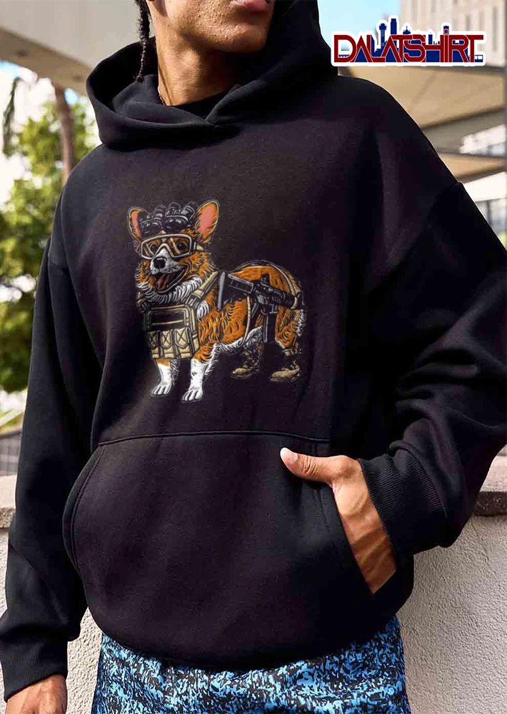 Corgi wearing tactical gear rifle shirt