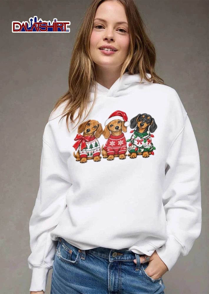 Christmas three dachshunds wearing Christmas sweaters shirt