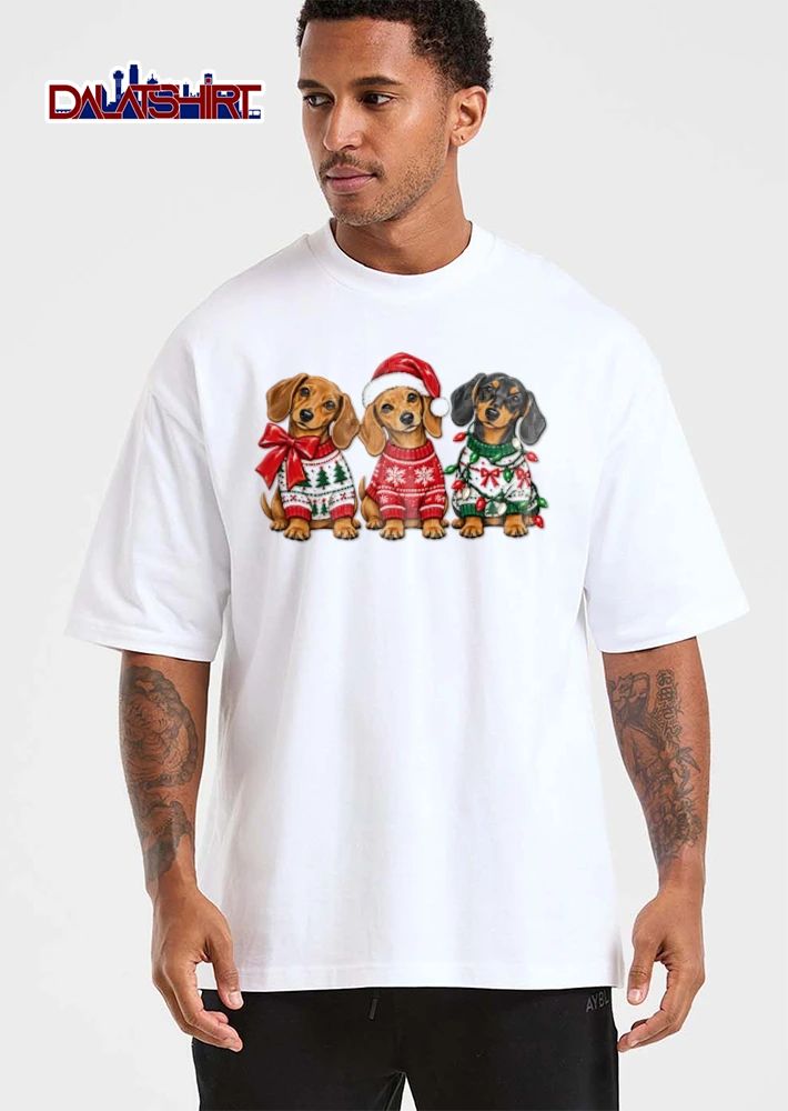 Christmas three dachshunds wearing Christmas sweaters shirt