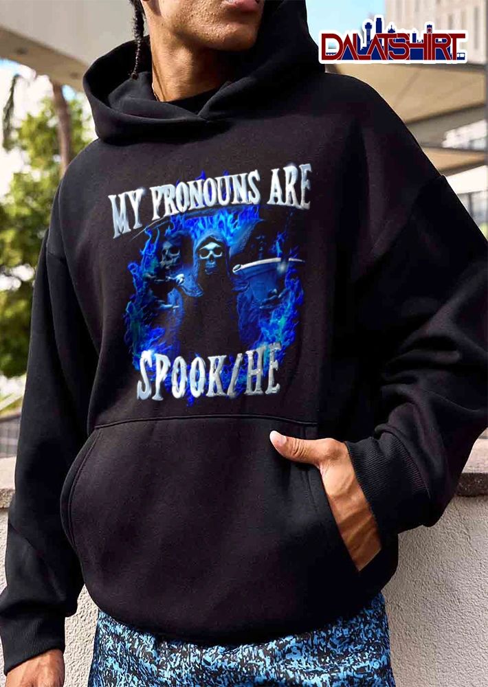 My Pronouns Are Spook He three grim reapers blue flames shirt