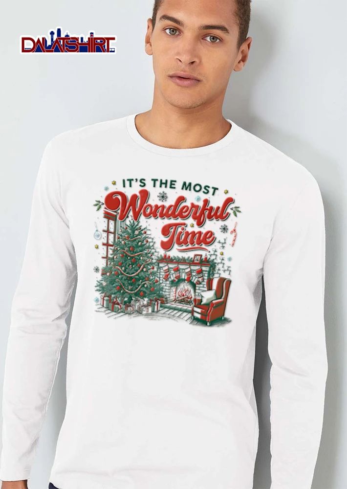 Its The Most Wonderful Time Christmas tree fireplace stockings armchair shirt
